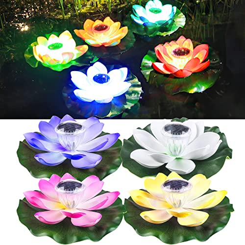 jindaaudio 4 Stück Schwimmende Lotuslichter, LED Wasserdichte Solar Schwimmende Blumen, Farbwechselbare Mehrfarbige Teichlichter, Rasenlichter, Poollichter (Farbe) von jindaaudio