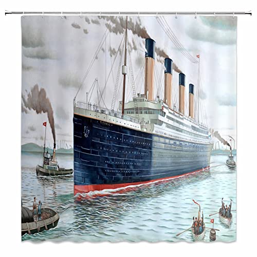 jingjiji Nautische Dekoration Duschvorhang Retro Klassisch Titanisches Schiff Ozeanlandschaft Aquarell Kunst Badezimmer Dekoration Vorhänge Polyester Stoff mit Haken Dunkelblau (Blau, 178 x 188 cm) von jingjiji