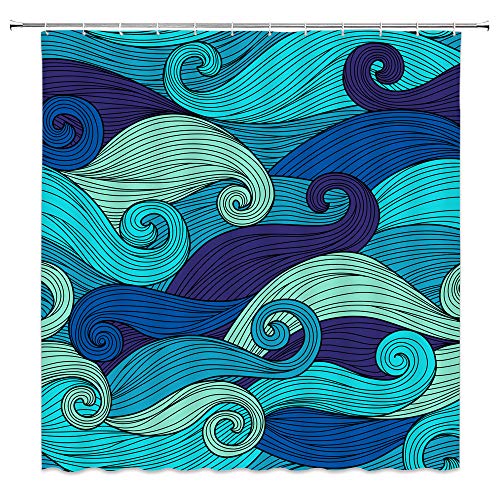 jingjiji Ocean Wave Duschvorhang, abstrakte Kunststreifen, nautisch, Marineblau, Retro, bunt, Surf, Türkis, Badezimmer-Dekoration, Vorhänge, Polyestergewebe mit Haken, grün (blau, 178 x 178 cm) von jingjiji