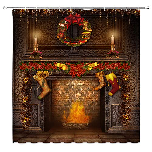 jingjiji Weihnachtsdekoration Duschvorhang Vintage Kamin Flamme Weihnachtsstiefel Western Klassische Urlaubsatmosphäre Badezimmer Dekoration Vorhänge Polyestergewebe mit Haken 178 x 178 cm von jingjiji