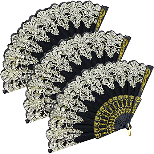 3er Set Handfächer schwarz Hochzeitfächer Spitze Fächer Spanische Faltbare Fächer Wand-Dekofächer Stofffächer aus Kunststoff&Stoff Faltfächer für Halloween Karneval Zubehör Party Geschenk von jinminamz