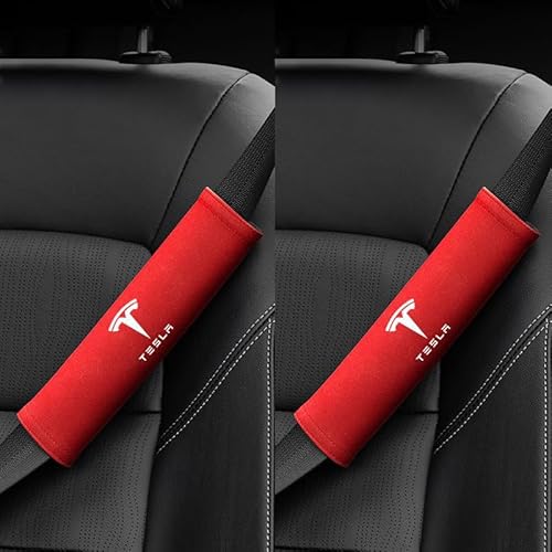 jinhuo Premium-Sicherheitsgurtpolster für Tesla Model S 2012-2021 (2er-Set) – Sicherheitsgurt-Schulterpolster aus Nubukleder, abnehmbar Sicherheitsgurt Polsterung, Sitzgurt Polster,Red von jinhuo