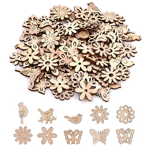 Jinlaili 100 Stück Waldtiere Holzscheiben, Holztiere zum Bemalen, Holz Schmetterlinge, DIY Dekoration, Holz Streudeko, Naturholzscheiben von Jinlaili