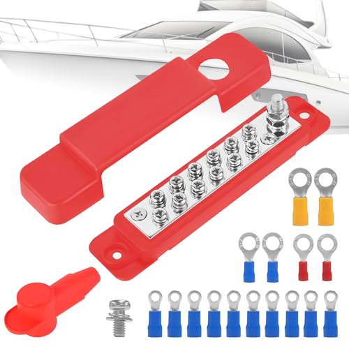 Sammelschiene Verteilerblock，Sammelschiene 12V-48V Dc 150A Busbar 12P Kabelbaum Mit M6 Klemmschrauben Und Nylon Schutzabdeckung Passend Für Wohnmobile Und Yachten (Rot) von jinminamz