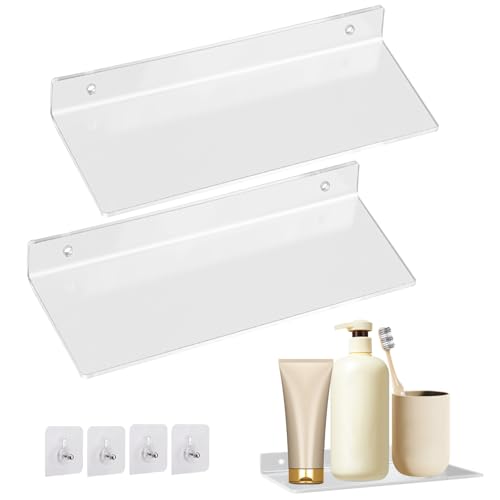 Regal Ohne Bohren Badezimmer Regal Ohne Bohren Länge 20*10cm Acryl Regal Expandieren Wand Raum Acryl Schwimmenden Regal Für Bad/Wohnzimmer/Schlafzimmer/Küche/Büro (2 Stück Transparent Farbe) von jinminamz