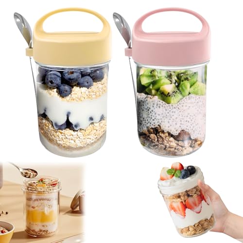 jinminamz Overnight Oats Gläser mit Deckel,Einmachglas mit Schraubdeckel 400 Ml Meal Prep Glas für Selbstgemachte Marmelade Glasbehälter mit Löffel Babynahrung, Einlegen, Einmachen(2pcs) von jinminamz