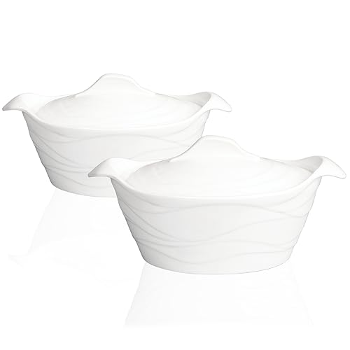 jinsongdafa Keramik-Auflaufform-Set mit 2 Stück, 900 ml französische weiße Terrine mit Deckel, vom Ofen auf den Tisch, Keramik-Serviergriffe für Abendessen und Partys, mikrowellen- und ofenfest von jinsongdafa