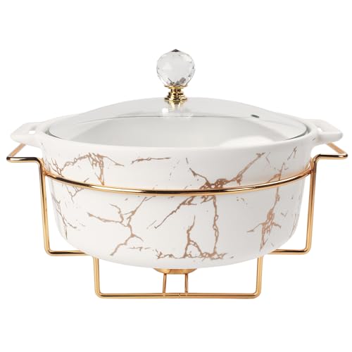 jinsongdafa Porcelain Serving French Tureen Set with Glass Lid and Rack, 1900 ML Casserole Baking Dish, Chafing Dish for Buffet, Food Preserve Tray, Catering Casserole for Party Style von jinsongdafa
