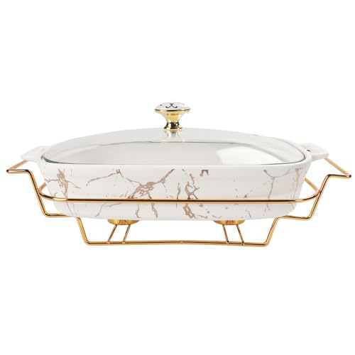 jinsongdafa Porzellan-Auflaufform mit Glasdeckel und -rost, 1500 ml Suppenterrine, Chafing Dish für Buffets, Auflaufform zum Aufbewahren von Lebensmitteln, Catering-Auflaufform für Partys von jinsongdafa