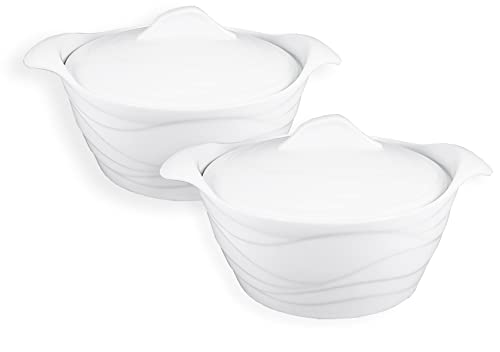 jinsongdafa Porzellan Auflaufform mit Griffe Suppentopf 900 ml französisches weißes Keramik Backgeschirr Set mit Deckel, mikrowellen- spülmaschinen- ofen- und kühlschrankgeeignet (22 CM 2er-Set) von jinsongdafa