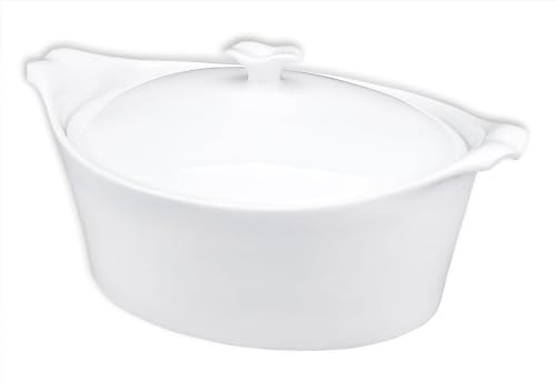 jinsongdafa Porzellan Suppentopf Oval Auflaufform mit Griffe 850 ml französisches weißes Keramik Backgeschirr Set mit Deckel, mikrowellen- spülmaschinen- ofen- und kühlschrankgeeignet (24 CM) von jinsongdafa