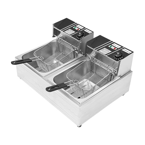 Fritteuse, Commercial Elektro-FritteuseTief, Elektrische Friteuse 2x2500W, 12 L Edelstahl Doppelfriteuse mit großer Kapazität, für Küche Restaurant Café Bar Silber einstellbar 60-200 °C von jiongcln