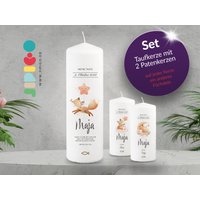 Taufkerze Set Fuchs Mädchen | Blätter Pastell , Patenkerzen, Personalisiert Mit Namen Und Eigenen Text, Sprüchen, Verschiedene Motive von jipigo