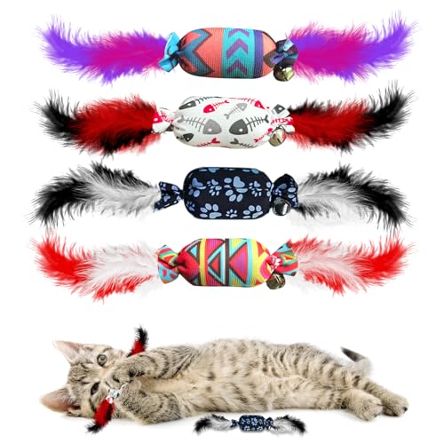 jiuhao Süßigkeiten-Federglocken-Katzenspielzeug, Innen-Katzenspielzeug, 4er-Pack mit Federn, Jingle Toy, Kätzchen, Kick, Beißen, Kauen, interaktives Langeweile Spielzeug jiuhao Süßigkeiten-Federglocken-Katzenspielzeug, Innen-Katzenspielzeug, 4er-Pack mit Federn, Jingle Toy, Kätzchen, Kick, Beißen, Kauen, interaktives Langeweile Spielzeug von jiuhao