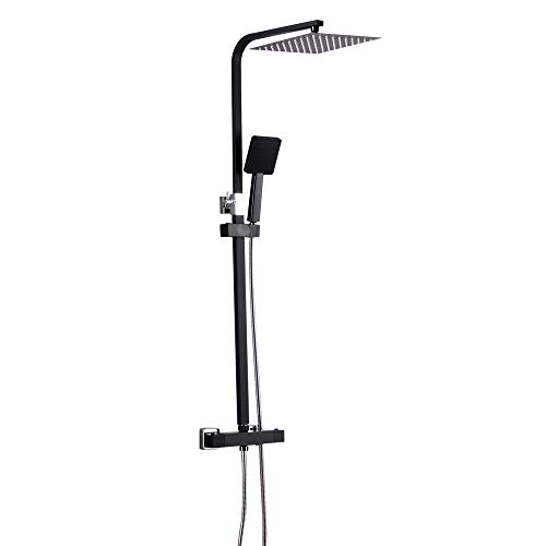 Jiumxliu Thermostat Duschsystem mit Brausegarnitur Duscharmatur Komplettset Wand Duscharmatur Komplettset Duschsystem mit Thermostat, Edelstahl Regendusche 2 Strahlarten Duschkopf in Schwarz von jiumxliu