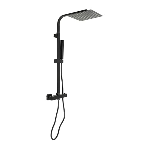Jiumxliu Thermostat Duschsystem mit Brausegarnitur Duscharmatur Komplettset Wand Duscharmatur Komplettset Duschsystem mit Thermostat Edelstahl Regendusche 2 Strahlarten Duschkopf in Schwarz 25 * 25cm von jiumxliu