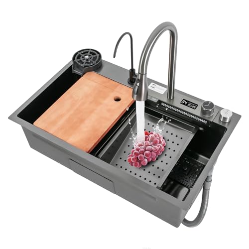 Küchenspüle Edelstahl Rechteck 3-in-1 Ausziehhahn Wasserfall Spüle 75x46cm Multifunktionale Edelstahl Küchenspüle, Einbauspüle mit multifunktionalem digitalen Wasserhahn Mit Schneidebrett (Black-Grey) Küchenspüle Edelstahl Rechteck 3-in-1 Ausziehhahn Wasserfall Spüle 75x46cm Multifunktionale Edelstahl Küchenspüle, Einbauspüle mit multifunktionalem digitalen Wasserhahn Mit Schneidebrett (Black-Grey) von jiumxliu