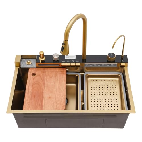 Küchenspüle Edelstahl Rechteck 3-in-1 Ausziehhahn Wasserfall Spüle 75x46cm Multifunktionale Edelstahl Küchenspüle, Einbauspüle mit multifunktionalem digitalen Wasserhahn Mit Schneidebrett (Golden) Küchenspüle Edelstahl Rechteck 3-in-1 Ausziehhahn Wasserfall Spüle 75x46cm Multifunktionale Edelstahl Küchenspüle, Einbauspüle mit multifunktionalem digitalen Wasserhahn Mit Schneidebrett (Golden) von jiumxliu