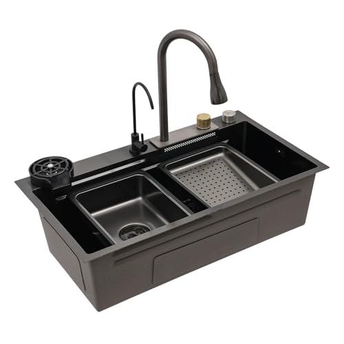 Küchenspüle Edelstahl Rechteck 3-in-1 Ausziehhahn Wasserfall Spüle 80x45cm Multifunktionale Edelstahl Küchenspüle, Einbauspüle mit Abtropfgestell Schneidebrett Becherspüler und Wasserhahn in Schwarz Küchenspüle Edelstahl Rechteck 3-in-1 Ausziehhahn Wasserfall Spüle 80x45cm Multifunktionale Edelstahl Küchenspüle, Einbauspüle mit Abtropfgestell Schneidebrett Becherspüler und Wasserhahn in Schwarz von jiumxliu