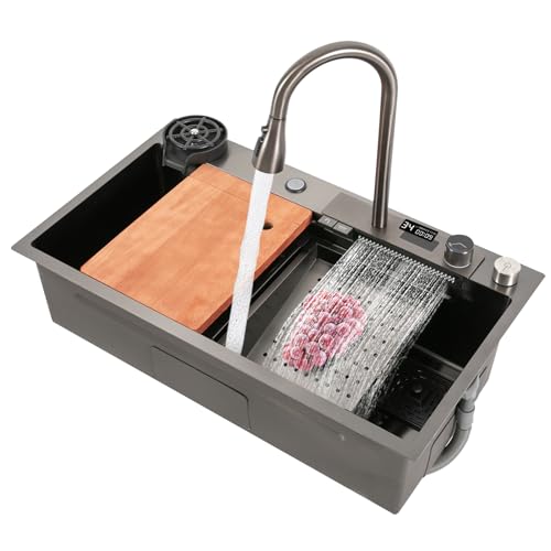 Küchenspüle Edelstahl Rechteck 3-in-1 Ausziehhahn Wasserfall Spüle 80x46cm Multifunktionale Edelstahl Küchenspüle, Einbauspüle mit multifunktionalem digitalen Wasserhahn Mit Schneidebrett (Black-Grey) Küchenspüle Edelstahl Rechteck 3-in-1 Ausziehhahn Wasserfall Spüle 80x46cm Multifunktionale Edelstahl Küchenspüle, Einbauspüle mit multifunktionalem digitalen Wasserhahn Mit Schneidebrett (Black-Grey) von jiumxliu