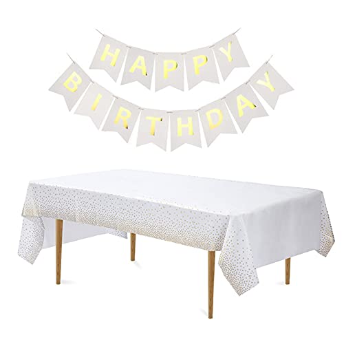 jiuzcare Party Tischdecken 137 * 274cm weiß mit Gold Dot Rechteckige Tischdecke und Happy Birthday Banner Tischdecke Festlich für Hochzeiten Geburtstag Picknick Outdoor Kunststoff Tischdecke, Weiß von jiuzcare