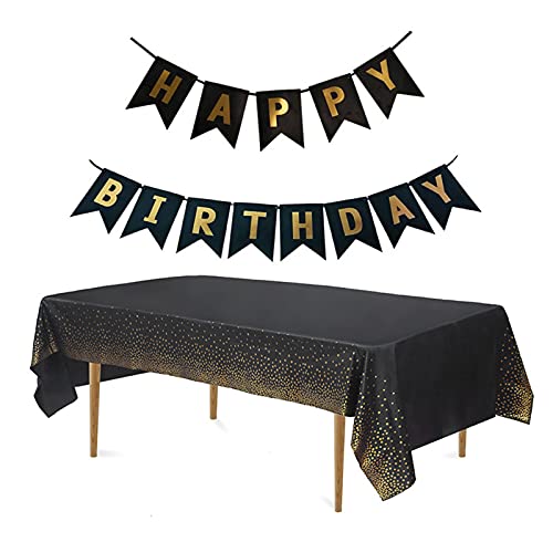 jiuzcare Party Tischdecken mit Gold Dot 137 * 274cm Rechteck Tischtuch Plastik Tischdecken Wachstuch Tischdecke Abwaschbar mit Happy Birthday Banner für Party Picknick Hochzeiten Geburtstag, Schwarz von jiuzcare