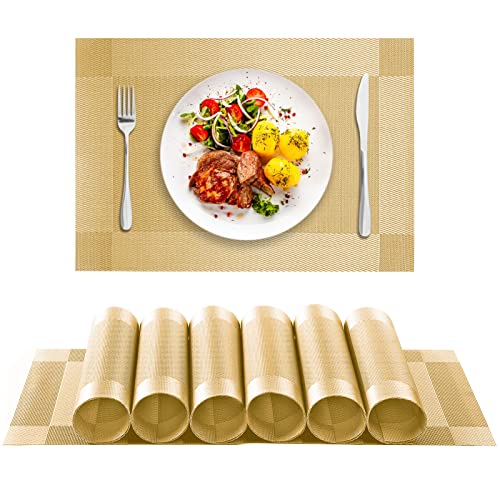 jiuzcare Platzset 6er Tischsets PVC Platzdeckchen Hitzebeständig 45x30cm Rutschfest Platzdeckchen Abwaschbar Tischset Platzsets Abwaschbar Tischdeckchen PVC Abgrifffeste Hitzebeständig Tischsets, Gold von jiuzcare