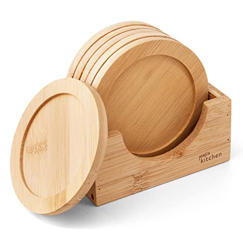 Joeji's Kitchen Holzuntersetzer im 6er Set mit Halter und hitze- & wasserbeständige Untersetzer BZW. 9cm Mehrzweck-Tassenuntersetzer BZW. Holzuntersetzer für Getränke Öl Vasen und mehr von joeji's Kitchen