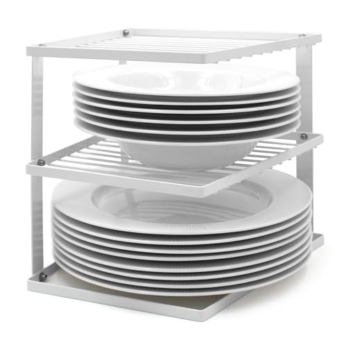 Joejis Wackelfreier Geschirr Tellerhalter Schrankeinsatz für den Küchen Schrank zur Aufbewahrung Eckgeschirr Regal Organizer für den Küchenschrank in der Küche 25x25x19cm Weiß von joeji's Kitchen