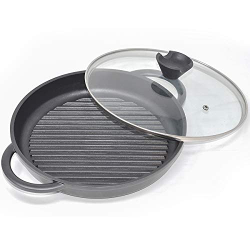 joeji's Kitchen Grillpfanne Induktion mit Glasdeckel 27cm - Aluminiumguss Antihaft - Pfanne Grill Steakpfannen Bratpfanne PFOA-freie von joeji's Kitchen