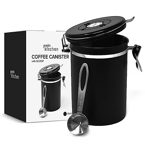 joeji's Kitchen Kaffeedose Luftdicht 1,8L - Kaffeebohnen Behälter aus Edelstahl - Vakuum Aromadicht mit Messlöffel - Vorratsdose fur Tee Kakao - Halten Sie Aromen Lange und Frisch (Schwarz) von joeji's Kitchen