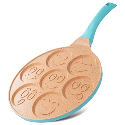 Joeji's Kitchen Pancake Crepe Pfanne mit 7 Mulden mit Smiley-Gesichtern - 26,5 cm Antihaft Leichte Aluminiumguss - Induktion - Spaß für Kinder - Mehrzweck Palatschinken Pfanne Spiegelei - Blau von joeji's Kitchen