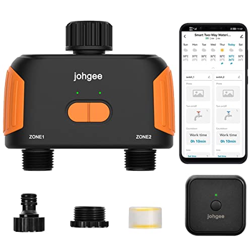 Johgee Bewässerungscomputer WLAN 2 Ausgänge, Intelligenter Wlan Bewässerungscomputer mit Wi-Fi Hub/Sprachsteuerung, Wasserdicht Automatische Gartenbewässerung für Garten Gewächshaus Landwirtschaft von johgee