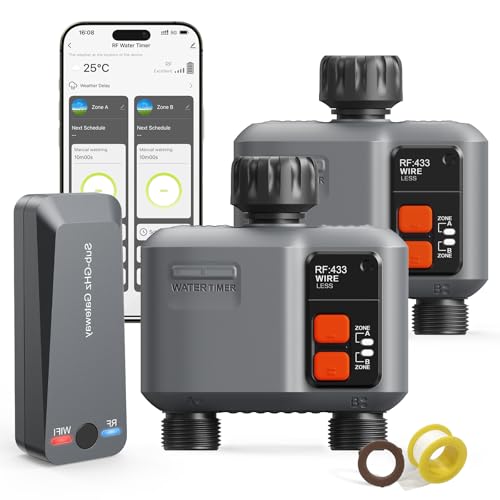 johgee Bewässerungscomputer WLAN 2 Ausgänge mit 300M RF-Technologie, 2er-Packu Bewässerungsuhr für Gartenbewässerung Kompatibel mit Alexa & Smart Life App, Automatischem Bewässerungssystem für Garten von johgee