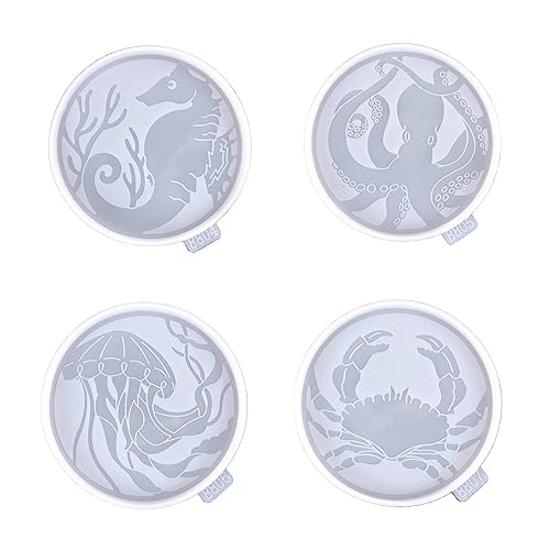 4 Pieces Einzigartige Untersetzer Silikonform Oktopus Krabbenmuster Tasse Matte Harzform Runde Epoxy Gussform Handwerkshandwerk von jojnsha