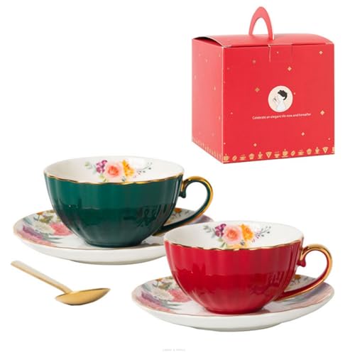 jojnsha Luxuriöses Keramik-Kaffeetassen-Set aus europäischer leichter luxuriöser Keramik und Untertasse, Set für Frühstück und Tee, Vintage-Blume und Untertasse von jojnsha