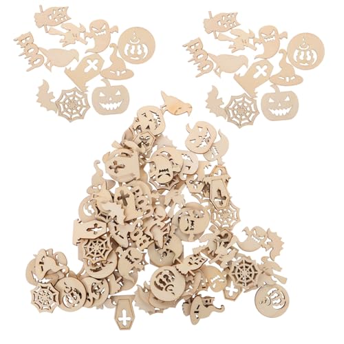jojofuny 100 Stück Halloween Holzplättchen zum Bemalen DIY Bastelzubehör aus Robustem Holz Kreative Grusel-deko für Halloween Party und Heimdekoration von jojofuny