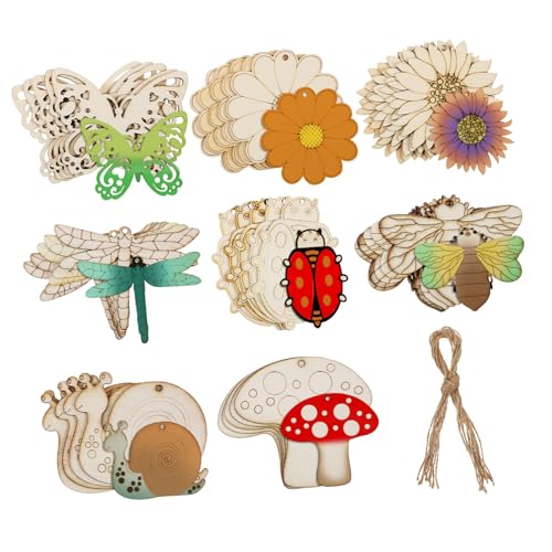 jojofuny 40 Stück Unvollendete Holzanhänger Teiliges mit Blumen und Insektenmotiven Naturholzscheiben aus Gelbholz mit Juteseilen Vielseitige DIY und Bastelmaterialien für Wanddeko und von jojofuny