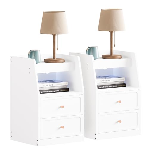 LED Nachttisch 2er Set, Beistelltisch mit 2 Ladestation und 2 USB-Anschlüssen, Nachtschrank mit 2 Schubladen und 1 offenem Fach, Bettschrank Kommode für Wohnzimmer/Schlafzimmer, Weiß von joolihome living