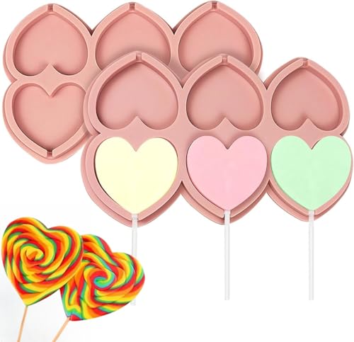 joonnair Silikon-Lutscher-Form 6-Hohlraum-Herz-Lutscher-Form-Tabletts Wiederverwendbare DIY-Süßigkeiten-Schokoladen-Formen mit 50 Lutscherstäbchen, 2 x Herz lollipop form, lollipop sticks von joonnair