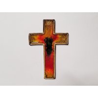 Handgemachte Keramik Eingelegt Rot Gelb Glas Kreuz Wandbehang Plaque Christian Taufe Ostern Religiöses Geschenk von jostudio37
