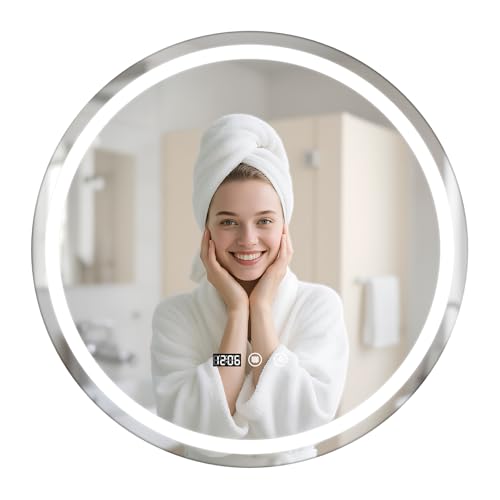 joukares 24″ LED Badezimmer Rundspiegel, Anti Beschlag Badspiegel mit Beleuchtung, Wandspiegel Kosmetikspiegel rund Touch Schalter, Schminkspiegel Spiegel Temperatur Anzeige (weiß) von joukares