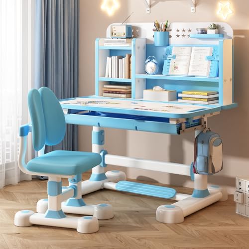 joukares Einstellbare Hölhe Kinderer-jrueber und stuhlset, Ergonomische Kinderstudie Tisch MIT Neigbarem Desktop-und Lagerregal, Perform Blau von joukares