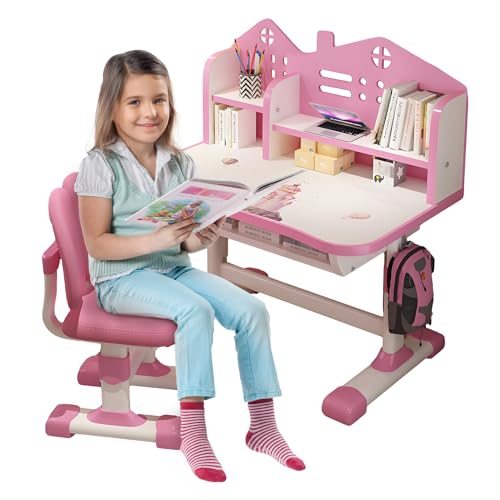 joukares Funktionales Schreibtisch- und Stuhl-Set für Kinder, höhenverstellbar, Kinderschreibtisch mit Aufbewahrungsschublade, Schüler-Schreibtisch für Schlafzimmer, Rosa von joukares