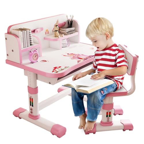 joukares Kinder Funktionales Schreibtisch- und Stuhl-Set, höhenverstellbar Kinder Schule Study Tisch Stuhl Set mit Cartoon-Muster, ergonomischer Schreibtischstuhl mit großer Schreibtafel, Buchständer von joukares
