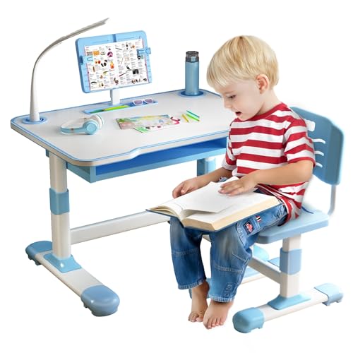 joukares Kinder Schreibtisch Stuhl Set, höhenverstellbarer Kinderschreibtisch mit ergonomischem Stuhl, LED Tischlampe, Verstellbarer Leseständer, große Schublade, Kinder Lernmöbel für 3–18 Jah von joukares