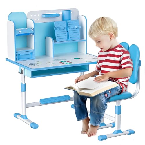 joukares Kindertisch und Stuhlset, Höhle Einstellbarer Schülerschreibtisch und Stuhlset, ergonomische Escritorio para Niña mit Buchstand, sitzend Blau von joukares