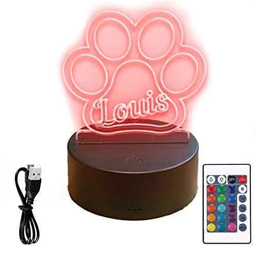 3d LED Lampe Nachtlicht mit Pfoten Motiv personalisiert mit deinem Wunschnamen für dein Hund oder deine Katze als Deko Tischlampe ein beliebtes Geschenk für hundeliebhaber oder Katzen Liebhaber von jovalus