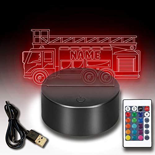 jovalus 3d LED Nachtlicht Feuerwehrauto personalisiert mit deinem Wunsch Namen Inklusive Fernbedienung USB Kabel 7 Farben. Als Deko oder Nachttisch Lampe für Feuerwehrler oder als Feuerwehrgeschenk von jovalus