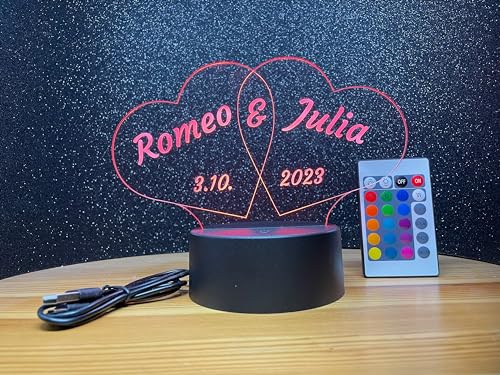 jovalus Personalisierte Herzen Lampe als romantisches Partner Geschenk mit Namens Gravur als Liebesbeweis zum Jahrestag Hochzeit oder Weihnachten als LED Leuchte mit vielen Farben von jovalus